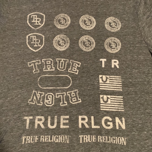 True Religion - Multi logo graphic s/s gray tee - Size X-Large - pre owned -good - Picture 2 of 5
